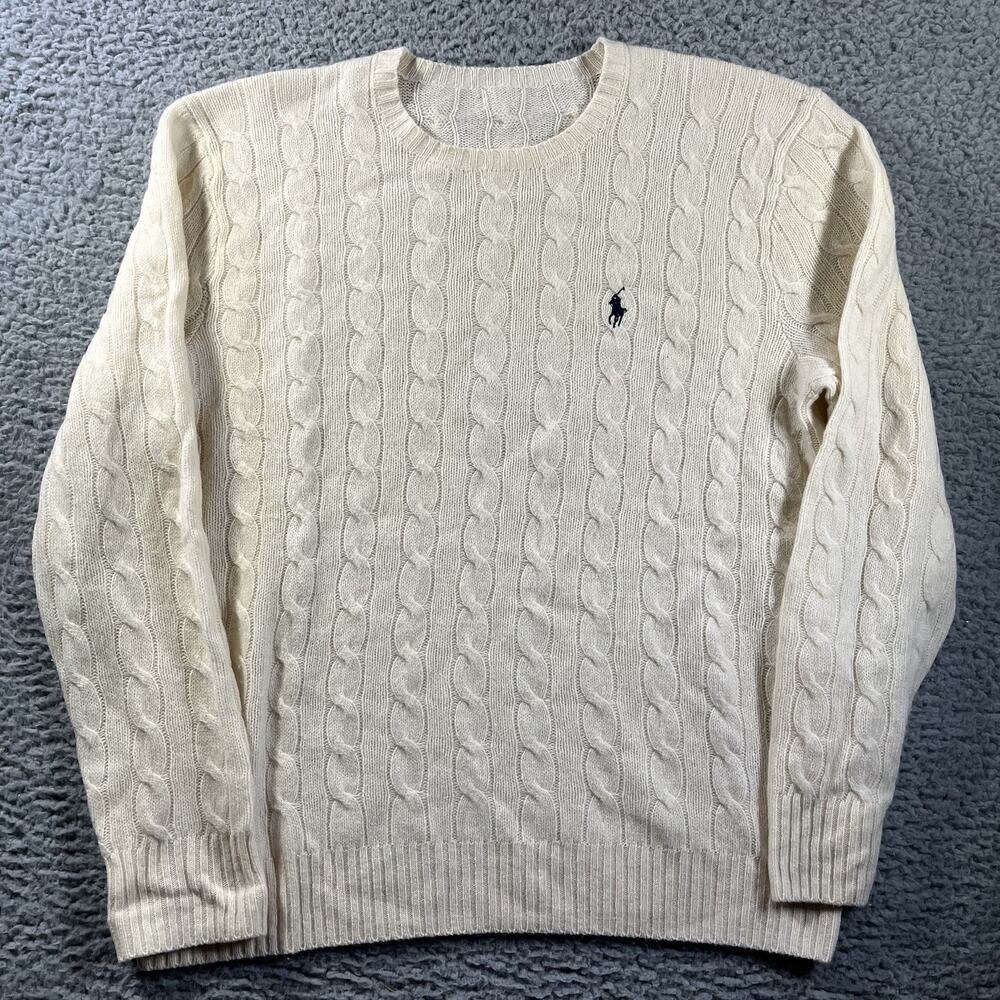 Polo Ralph Lauren Cable Knit Wool Cashmere Sweater Men's Medium Cream Crewneck